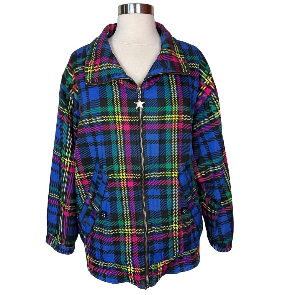 Vintage 80s Janeve Rainbow Plaid Heavy Full Zip Bomber Windbreaker Jacket Small